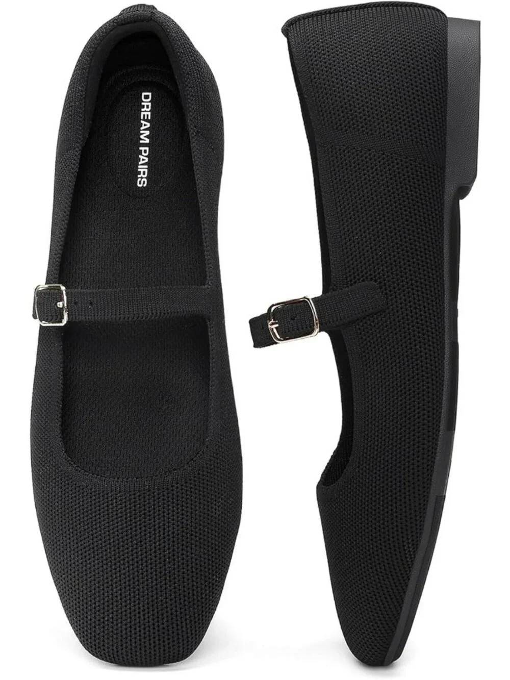 Women's Black Knit Mary Jane Square Toe Stretchy Buckle Ballet Flat Casual Shoes